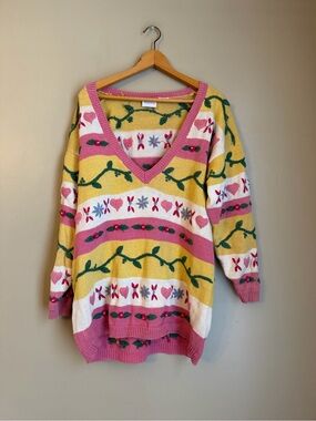 Vtg Styles To Go Deep V-Neck Chunky 3D Knit Sweater Striped Floral Heart